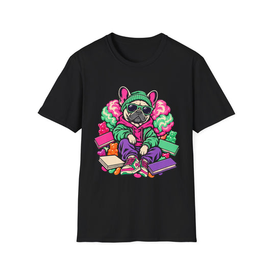 Pug Skateboard Graphic Tee – Retro Neon Streetwear Dog Shirt