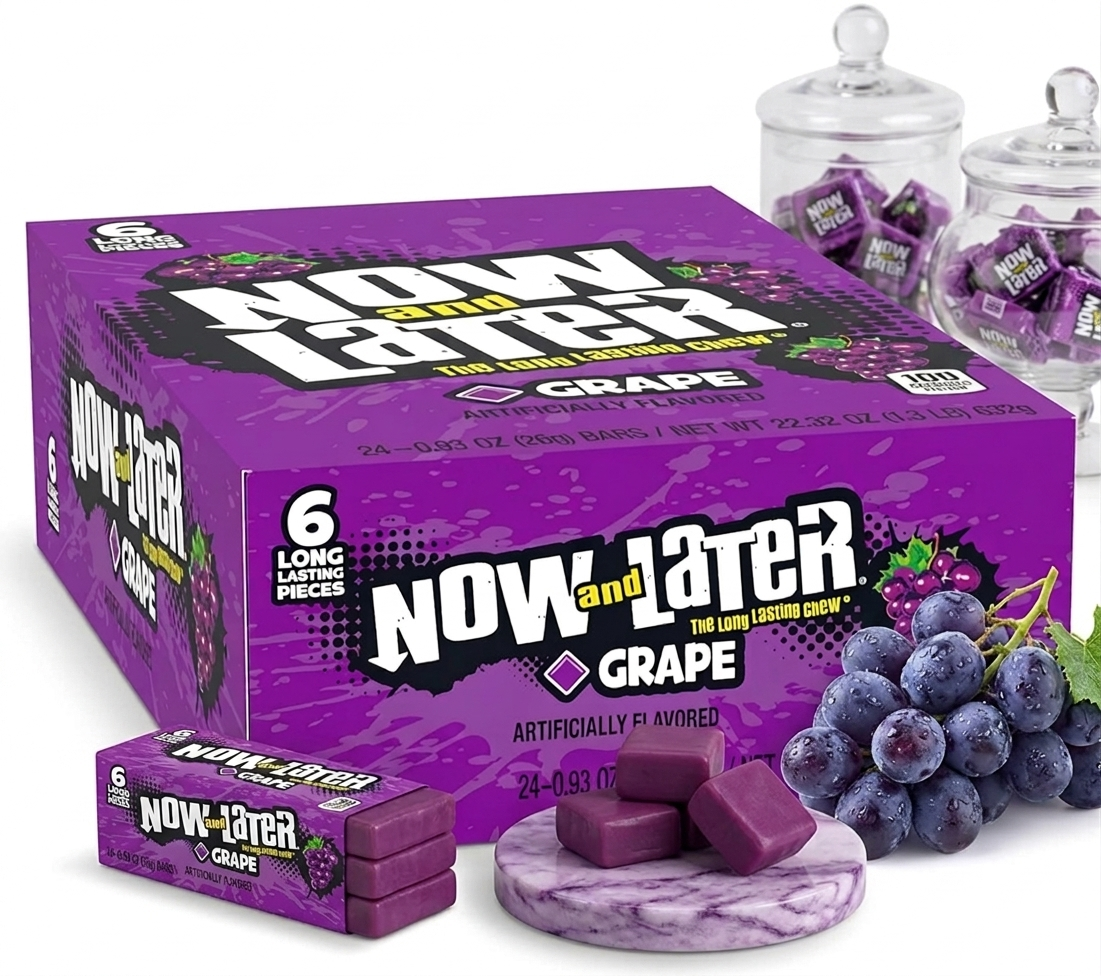 Purple packaging of Now and Later grape candy with grape bunches and candies on a white background