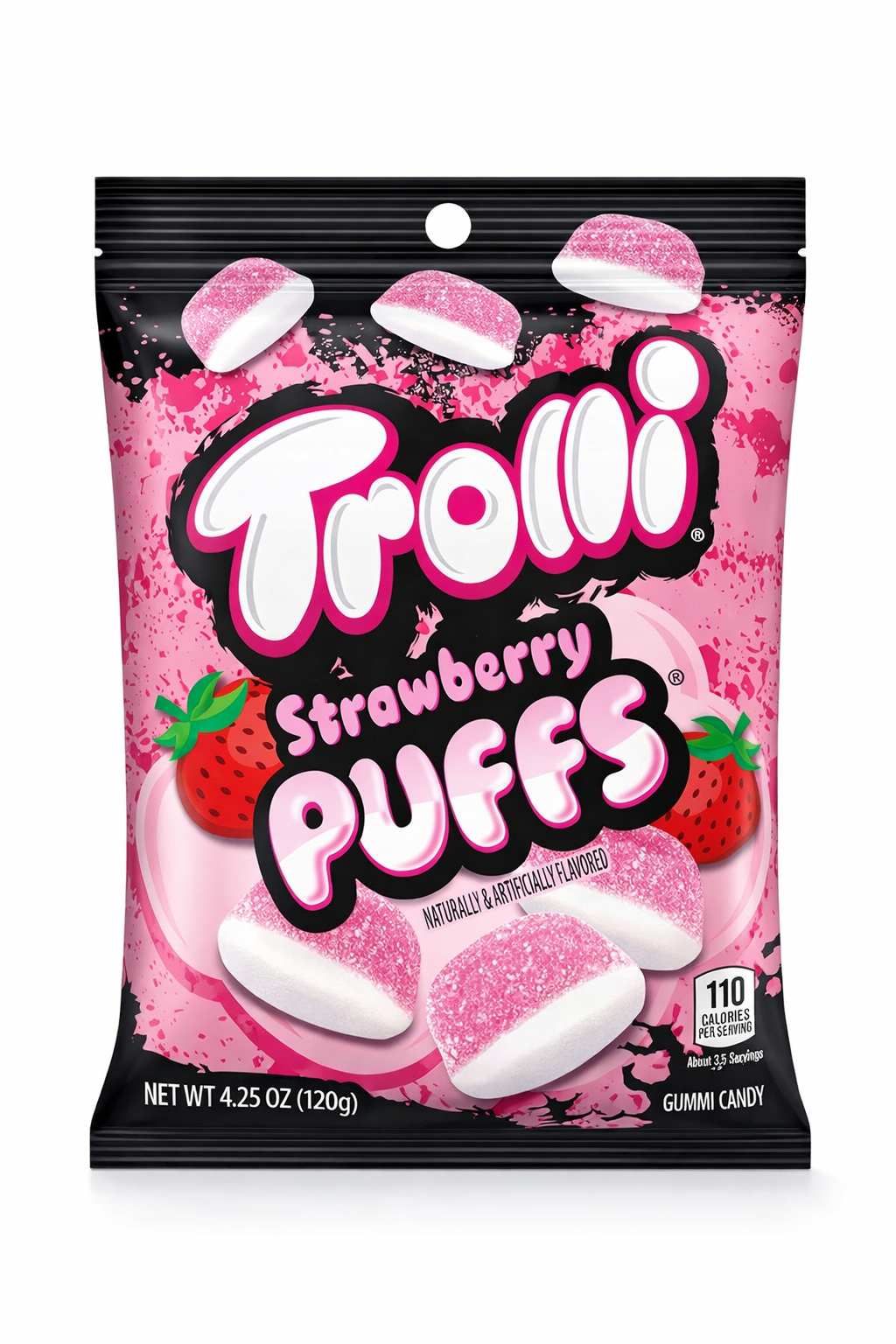 Packaging of Trolli Strawberry Puffs gummy candy on a white background