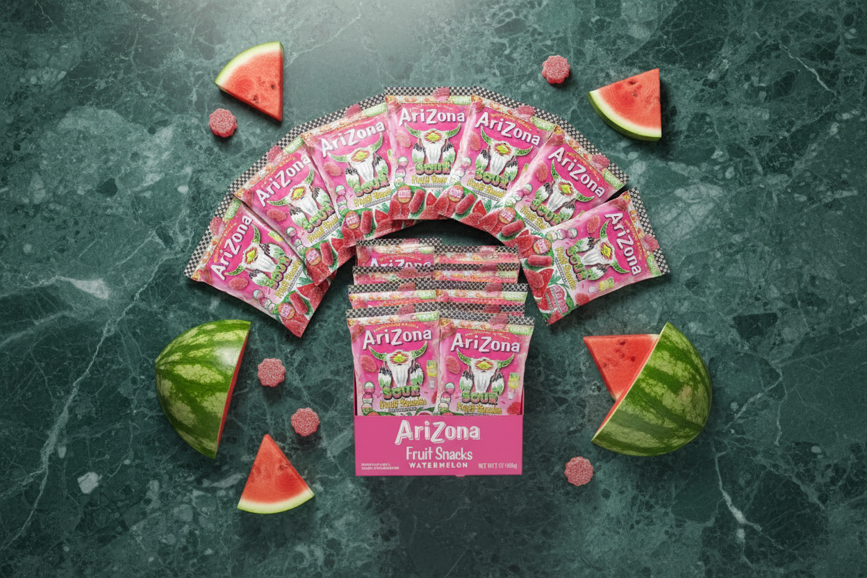 Arizona Gummies Sour Watermelon box of 12 green marble flat lay lifestyle