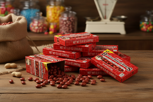 Ferrara Pan Boston Baked Beans bulk case of 24 rustic candy store lifestyle