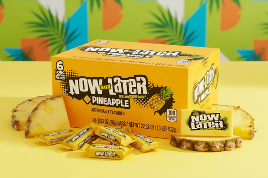 Now and Later Pineapple 24 pack pineapple candy spill yellow surface lifestyle