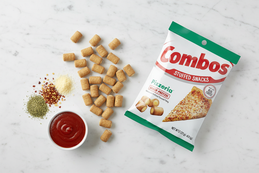 Combos Pizzeria Pretzels 6oz marble flat lay with herbs lifestyle