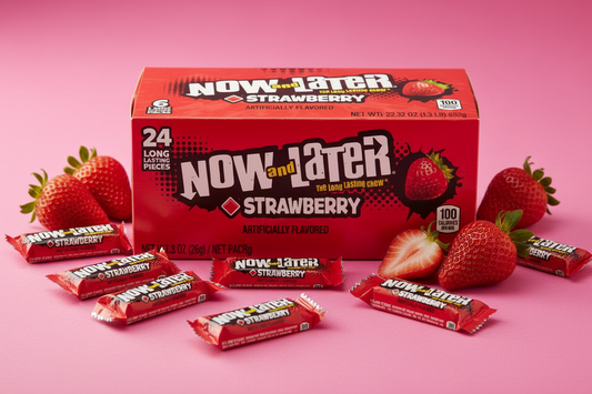 Now and Later Strawberry 24 pack strawberry candy spill pink surface lifestyle