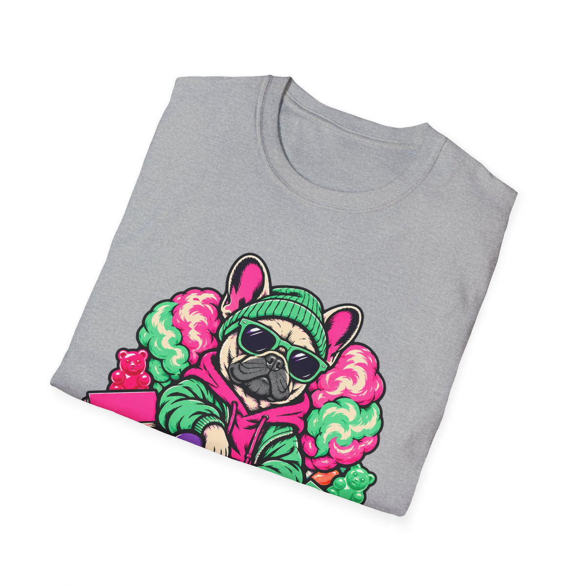 Pug Skateboard Graphic Tee – Retro Neon Streetwear Dog Shirt