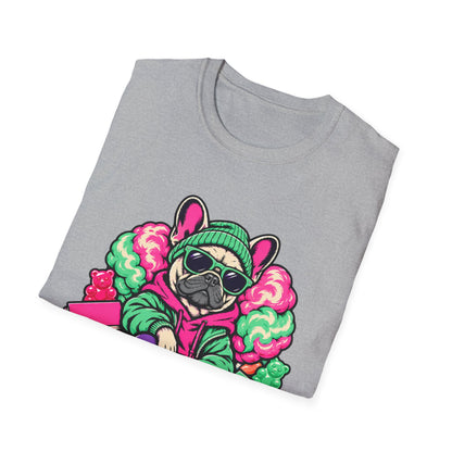 Pug Skateboard Graphic Tee – Retro Neon Streetwear Dog Shirt
