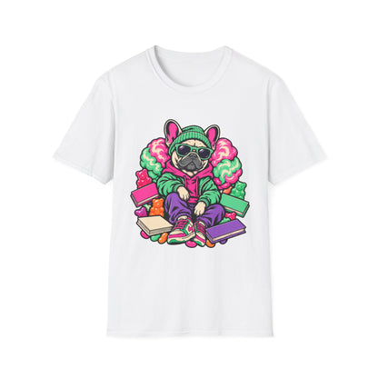 Pug Skateboard Graphic Tee – Retro Neon Streetwear Dog Shirt
