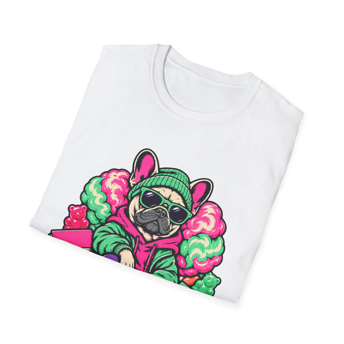 Pug Skateboard Graphic Tee – Retro Neon Streetwear Dog Shirt