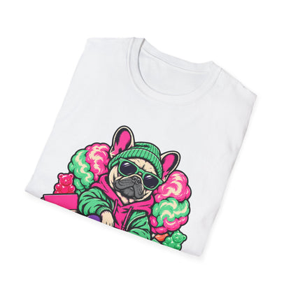 Pug Skateboard Graphic Tee – Retro Neon Streetwear Dog Shirt