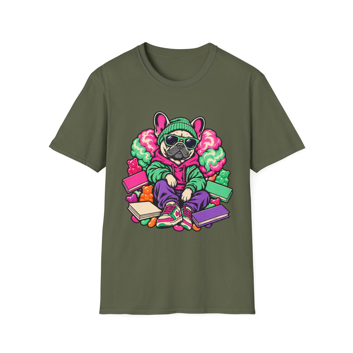 Pug Skateboard Graphic Tee – Retro Neon Streetwear Dog Shirt