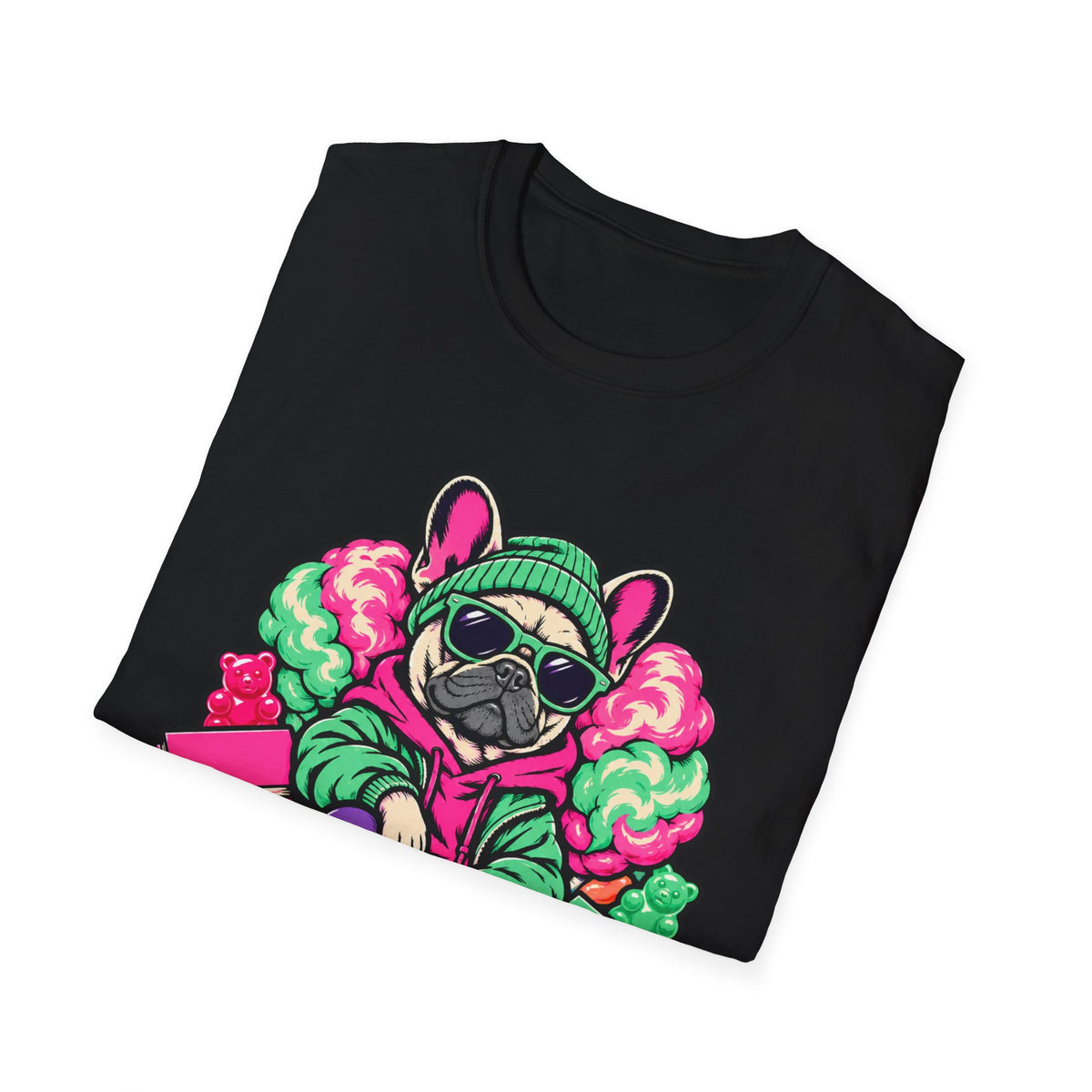 Pug Skateboard Graphic Tee – Retro Neon Streetwear Dog Shirt
