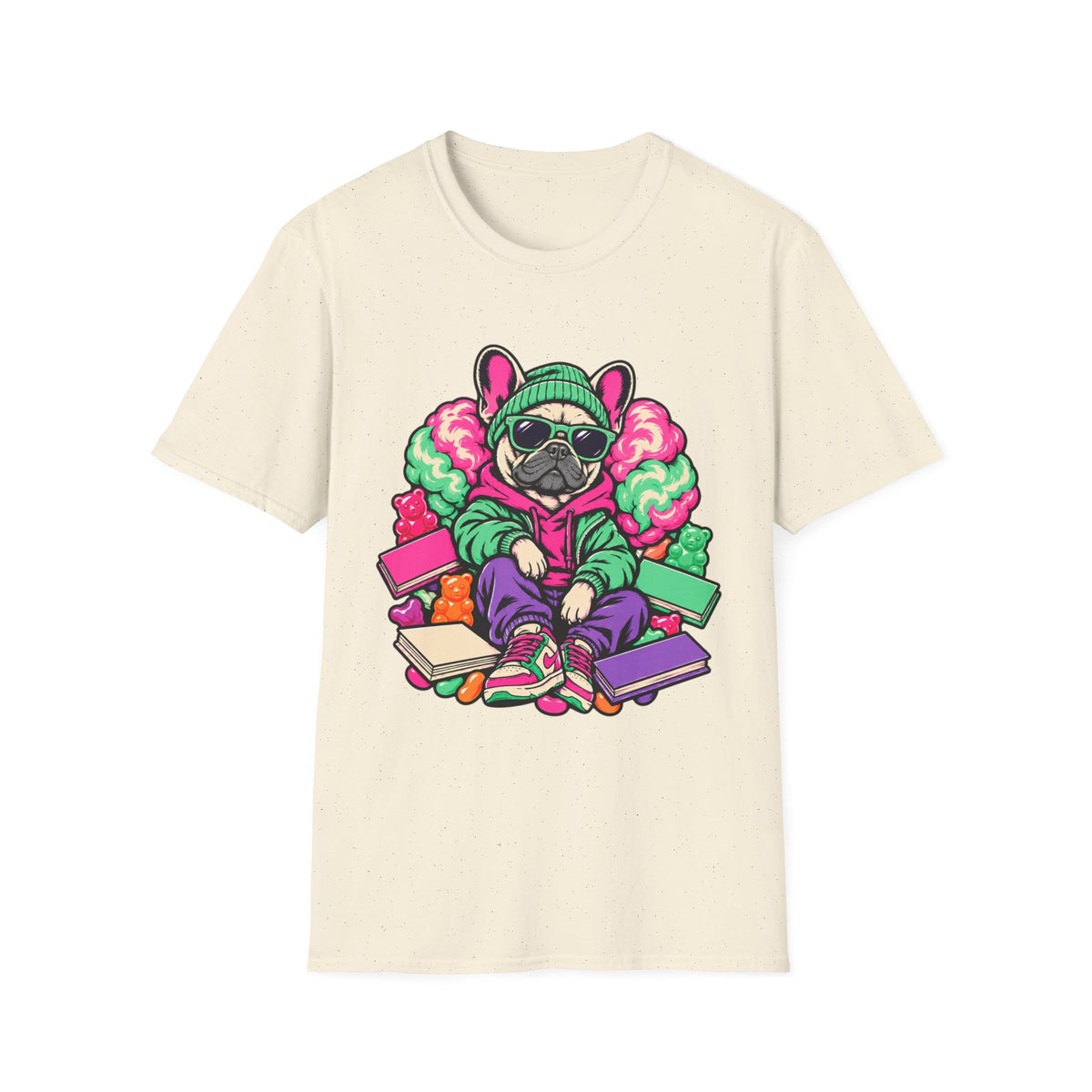 Pug Skateboard Graphic Tee – Retro Neon Streetwear Dog Shirt