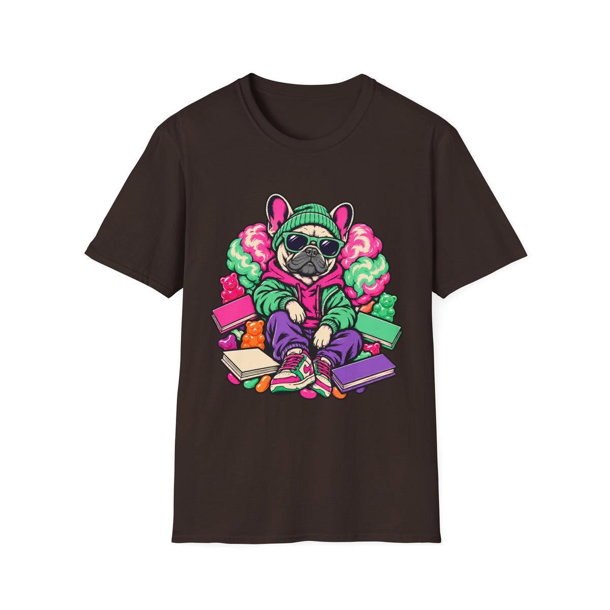 Pug Skateboard Graphic Tee – Retro Neon Streetwear Dog Shirt