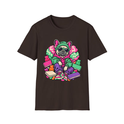 Pug Skateboard Graphic Tee – Retro Neon Streetwear Dog Shirt