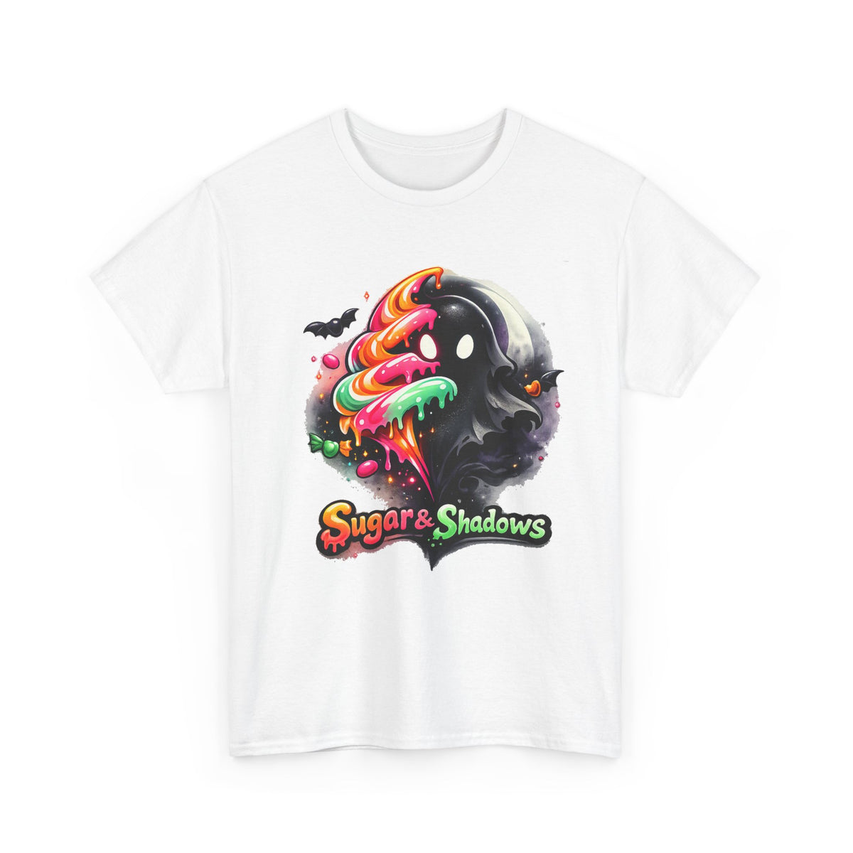 Sugar & Shadows Tee — Colorful Candy Ghost Halloween T-Shirt