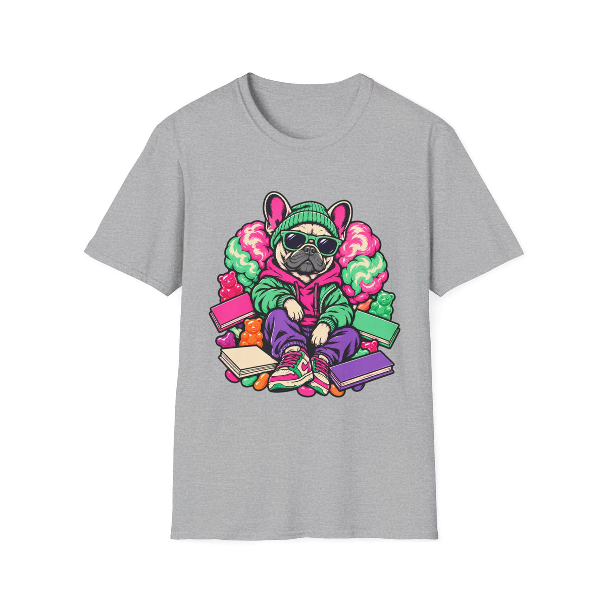 Pug Skateboard Graphic Tee – Retro Neon Streetwear Dog Shirt
