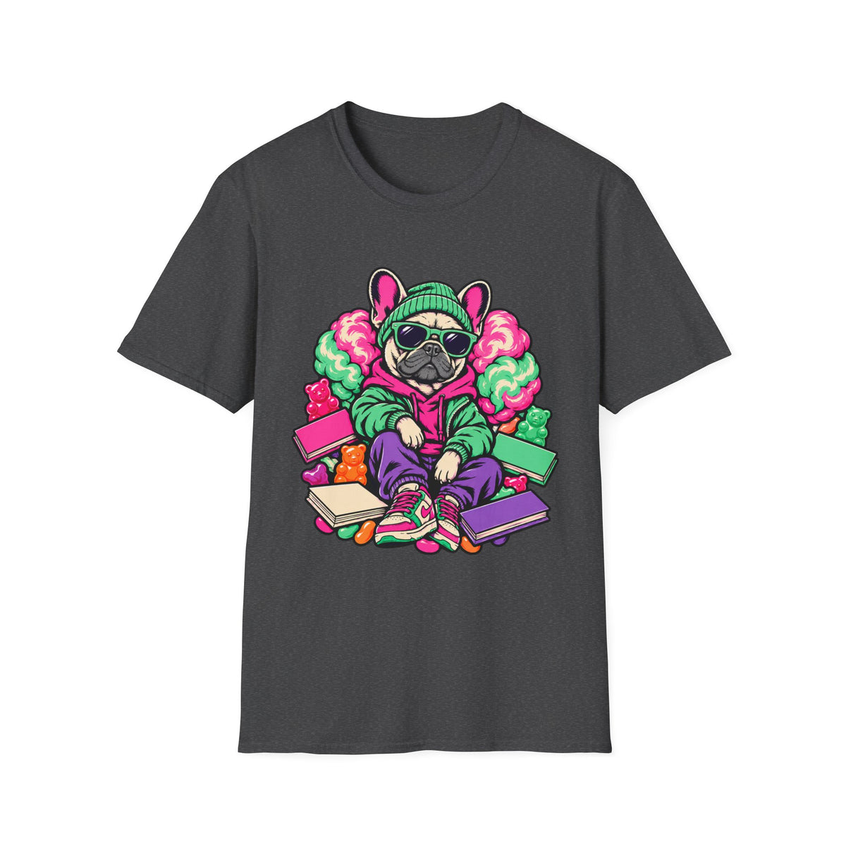 Pug Skateboard Graphic Tee – Retro Neon Streetwear Dog Shirt