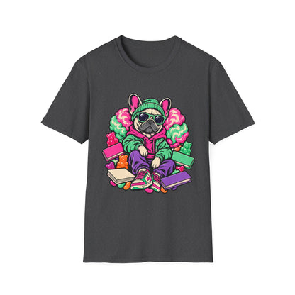 Pug Skateboard Graphic Tee – Retro Neon Streetwear Dog Shirt