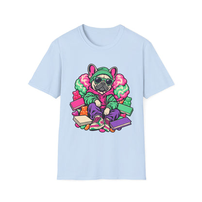 Pug Skateboard Graphic Tee – Retro Neon Streetwear Dog Shirt
