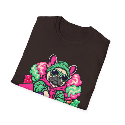 Pug Skateboard Graphic Tee – Retro Neon Streetwear Dog Shirt