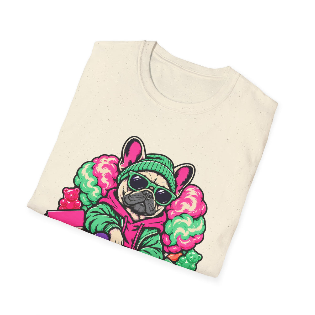 Pug Skateboard Graphic Tee – Retro Neon Streetwear Dog Shirt