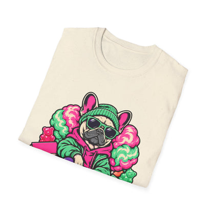 Pug Skateboard Graphic Tee – Retro Neon Streetwear Dog Shirt