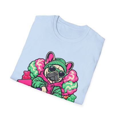 Pug Skateboard Graphic Tee – Retro Neon Streetwear Dog Shirt