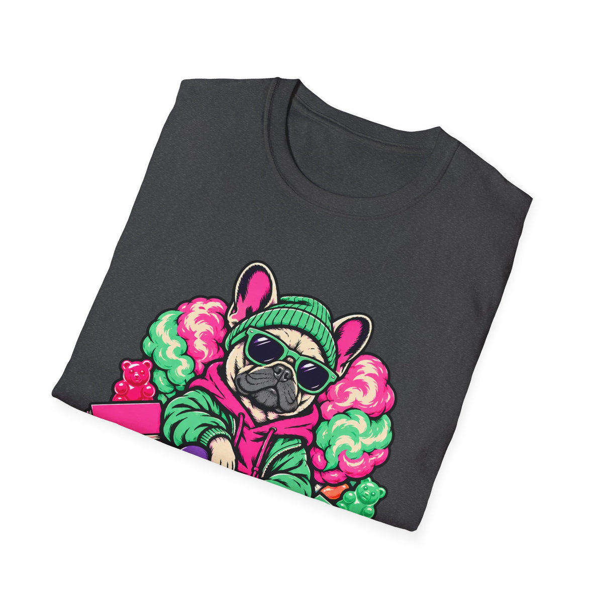 Pug Skateboard Graphic Tee – Retro Neon Streetwear Dog Shirt