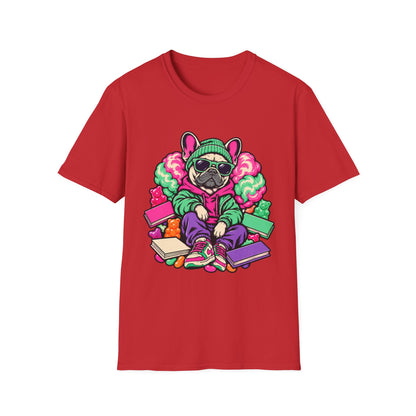 Pug Skateboard Graphic Tee – Retro Neon Streetwear Dog Shirt