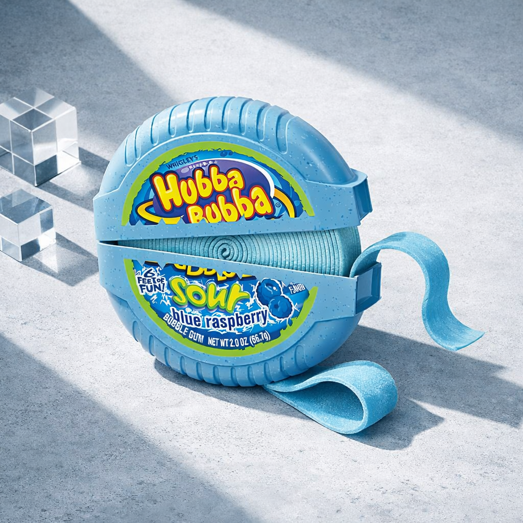 A blue Hubba Bubba bubble gum roll with a matching carrying strap, photographed on a light gray textured surface with geometric clear blocks and diagonal shadows.