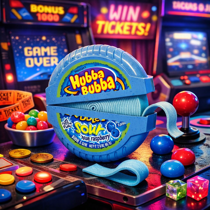 A blue Hubba Bubba gum roll toy sits on a retro arcade machine surrounded by colorful game tokens, arcade balls, and neon-lit arcade signage in the background.