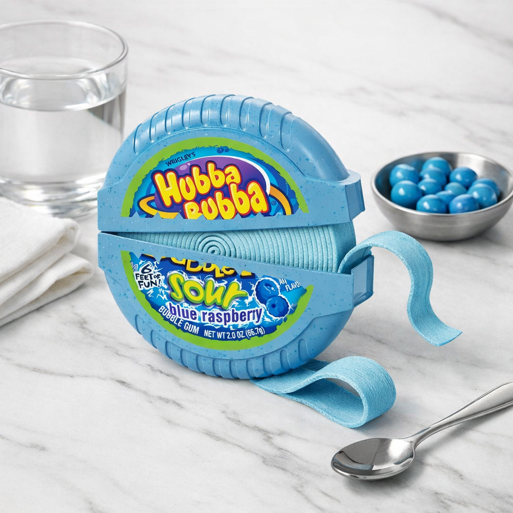 A blue roll of Hubba Bubba Sour Blue Raspberry gum on a light marble surface, with a glass of water, a small bowl of blue gum balls, and a spoon nearby.
