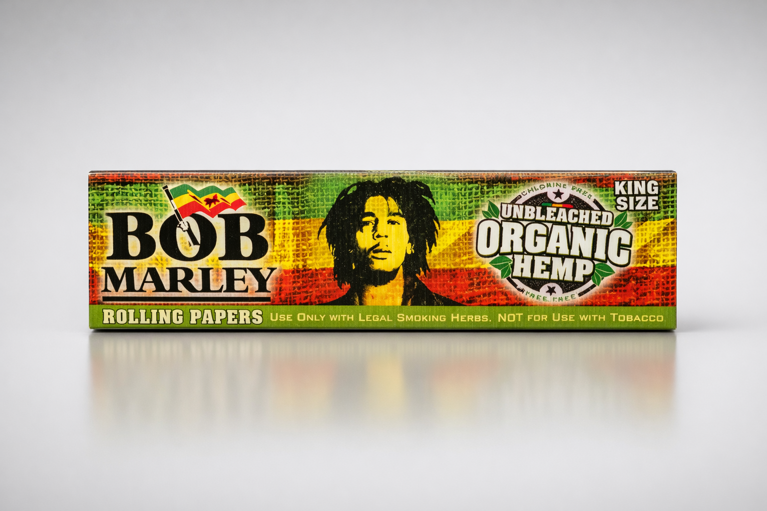 Bob Marley Organic Hemp Rolling Papers King Size - front view on gray background