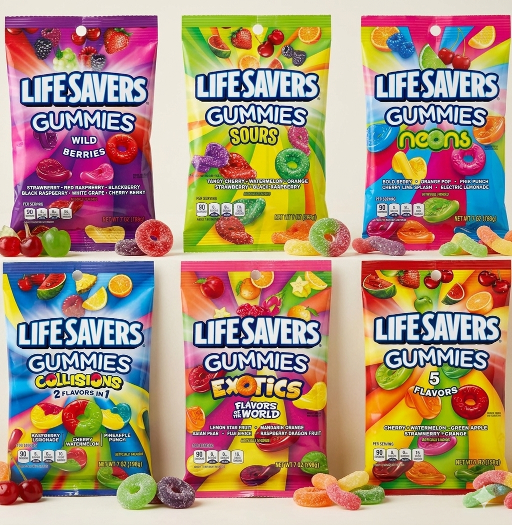 Six packages of Life Savers Gummies with different flavors on a white background