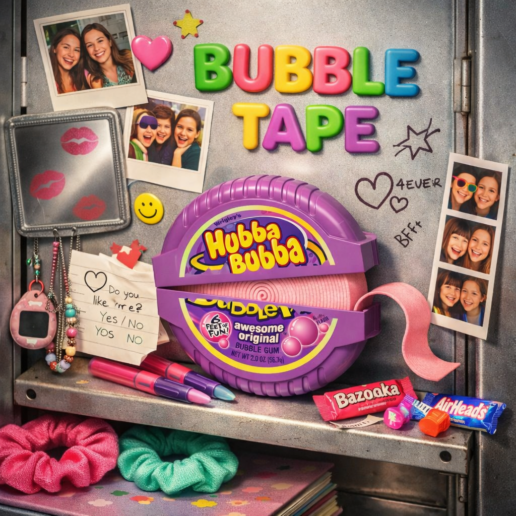 A styled product display of a purple Hubba Bubba Bubble Tape roll on a shelf, surrounded by bubblegum-themed accessories including pink scrunchies, a mini mirror with lip prints, a Tamagotchi toy, and candy wrappers, with a gray locker door in the background featuring colorful 'BUBBLE TAPE' lettering and photos of friends.