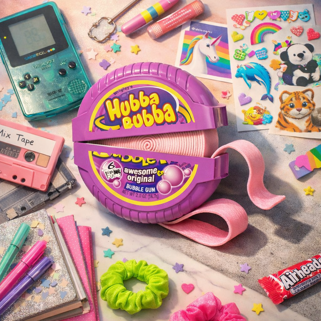 A styled flat-lay featuring a purple Hubba Bubba roll-on bubble gum dispenser in the center, surrounded by colorful retro props including a teal Game Boy, pink cassette tape, stickers, stars, and scrunchies on a light textured surface.