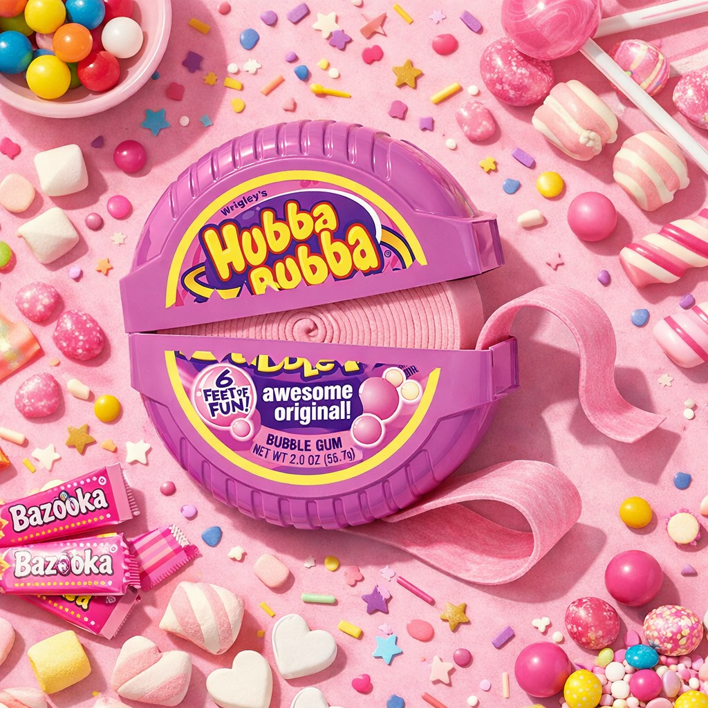 Hubba Rubba bubble gum tape in a purple roll-up case, surrounded by pink candy, lollipops, heart-shaped gumdrops, and Bazooka candy packs on a pink background.