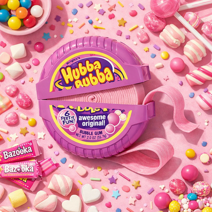 Hubba Rubba bubble gum tape in a purple roll-up case, surrounded by pink candy, lollipops, heart-shaped gumdrops, and Bazooka candy packs on a pink background.