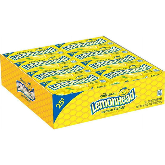 Box of Lemonhead candy with yellow and blue packaging