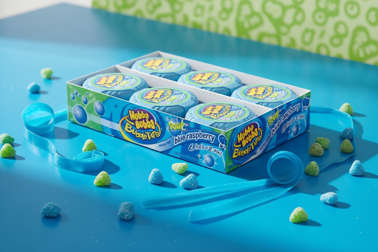 Hubba Bubba Sour Blue Raspberry Tape Box Lifestyle