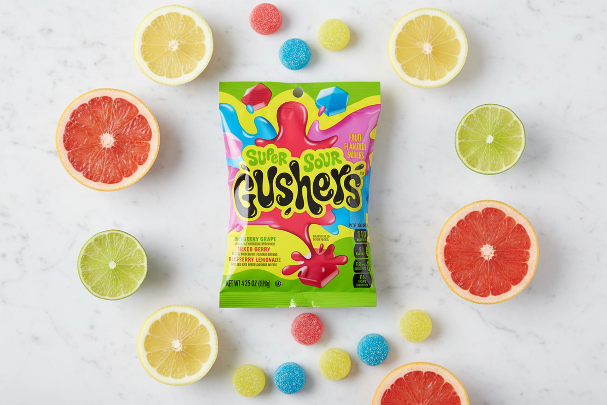 Gushers Super Sour 4.25oz marble flat lay with citrus lifestyle
