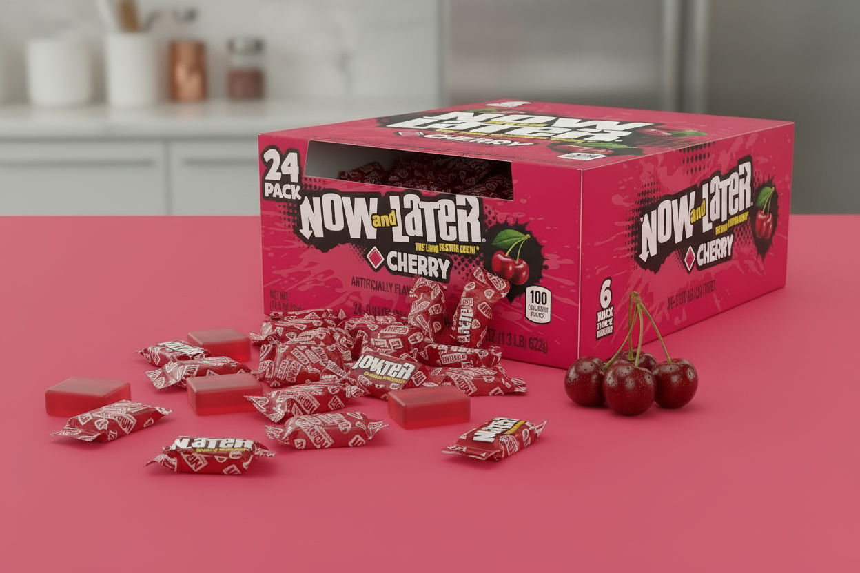 Now and Later Cherry 24 pack cherry candy spill red surface lifestyle