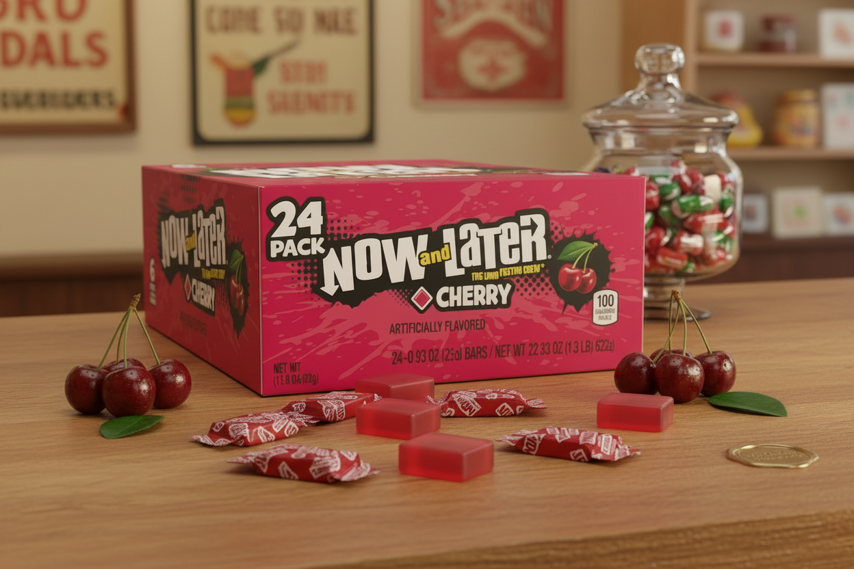 Now and Later Cherry 24 pack retro candy store counter lifestyle