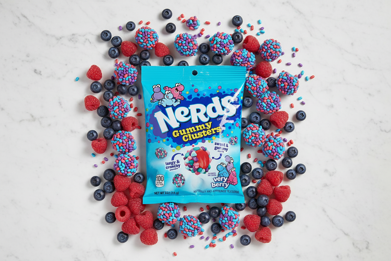 Nerds Gummy Clusters Very Berry 5oz marble flat lay with fresh berries lifestyle