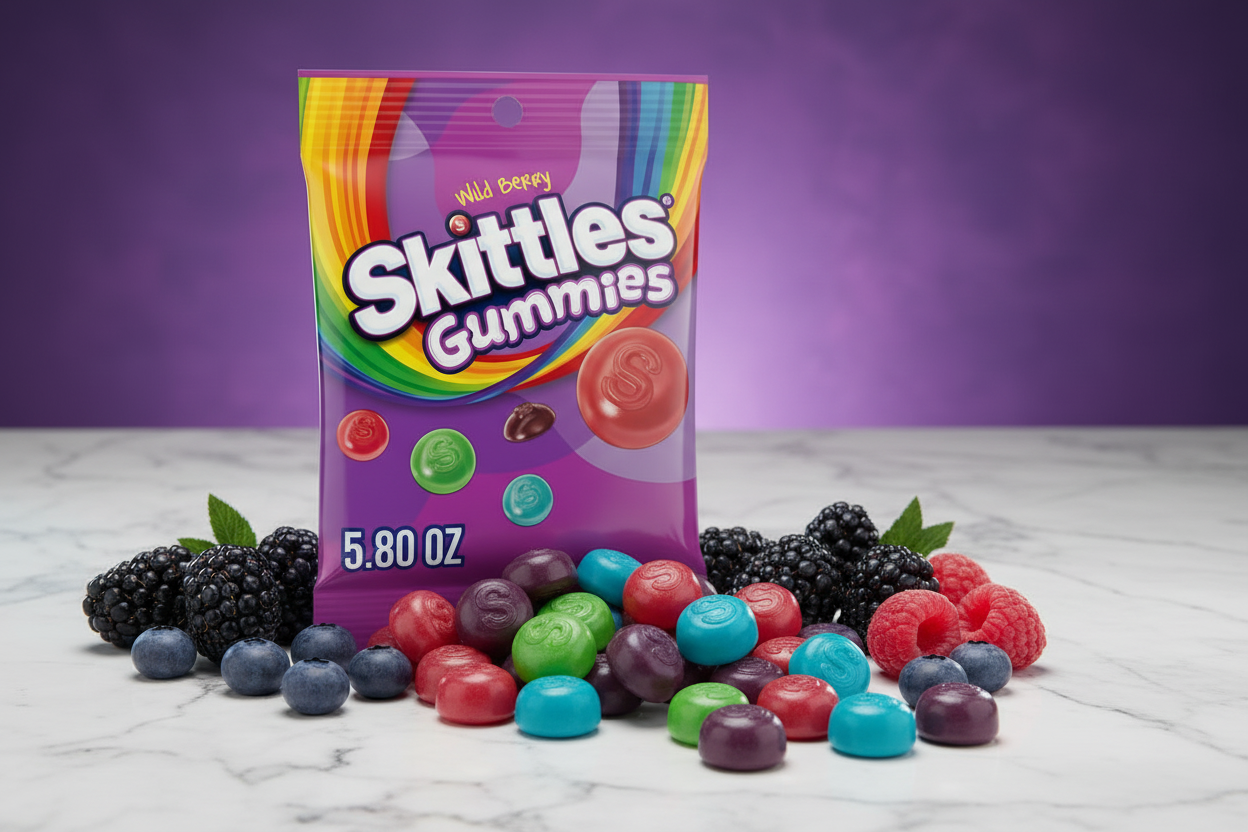 Skittles Gummies Wild Berry marble closeup lifestyle