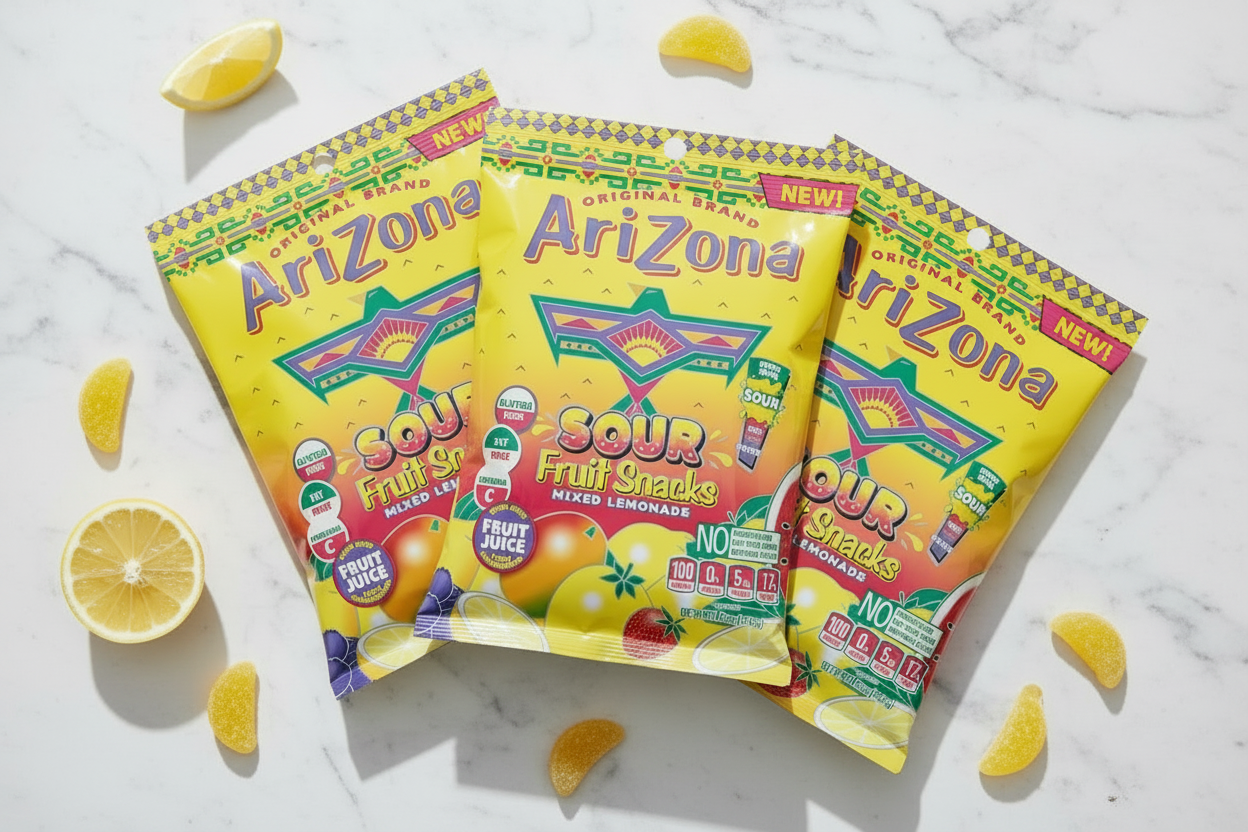 Arizona Sour Lemonade Gummies 3-pack lemon flat lay lifestyle