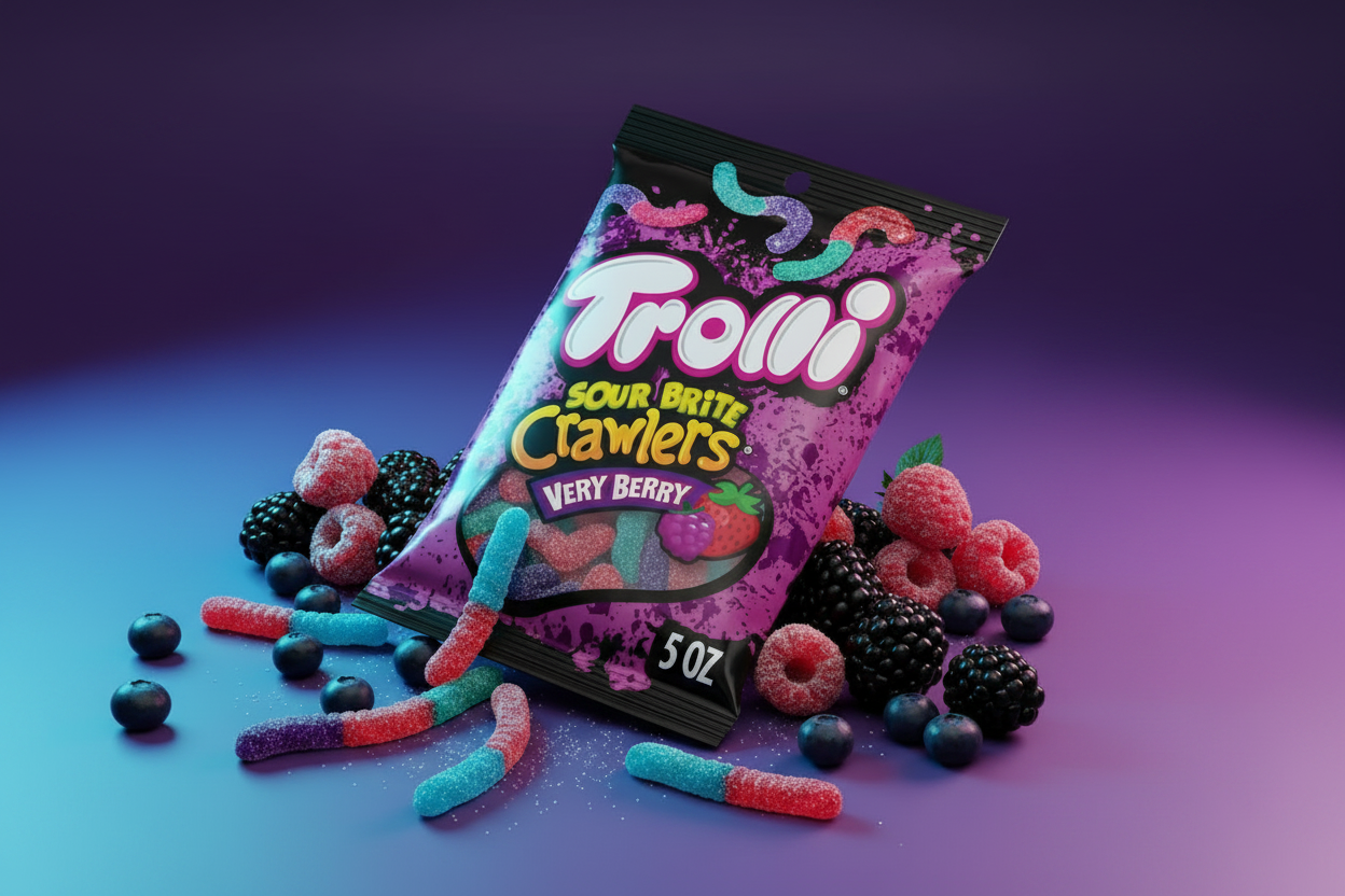 Trolli Sour Brite Crawlers Very Berry 5oz berry gummy worm spill lifestyle