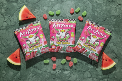 Arizona Gummies Sour Watermelon 3-pack green marble flat lay lifestyle
