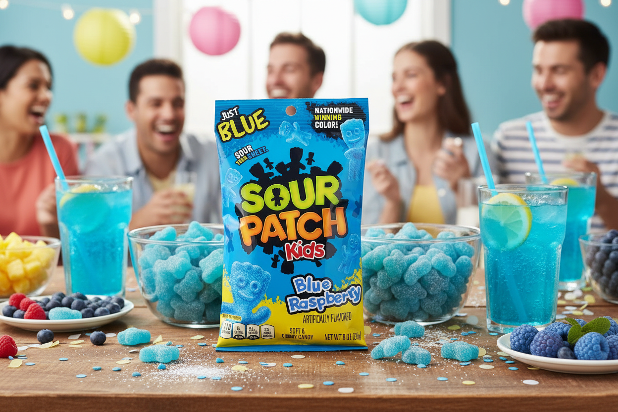 Sour Patch Kids Blue Raspberry 8oz bag summer party table lifestyle
