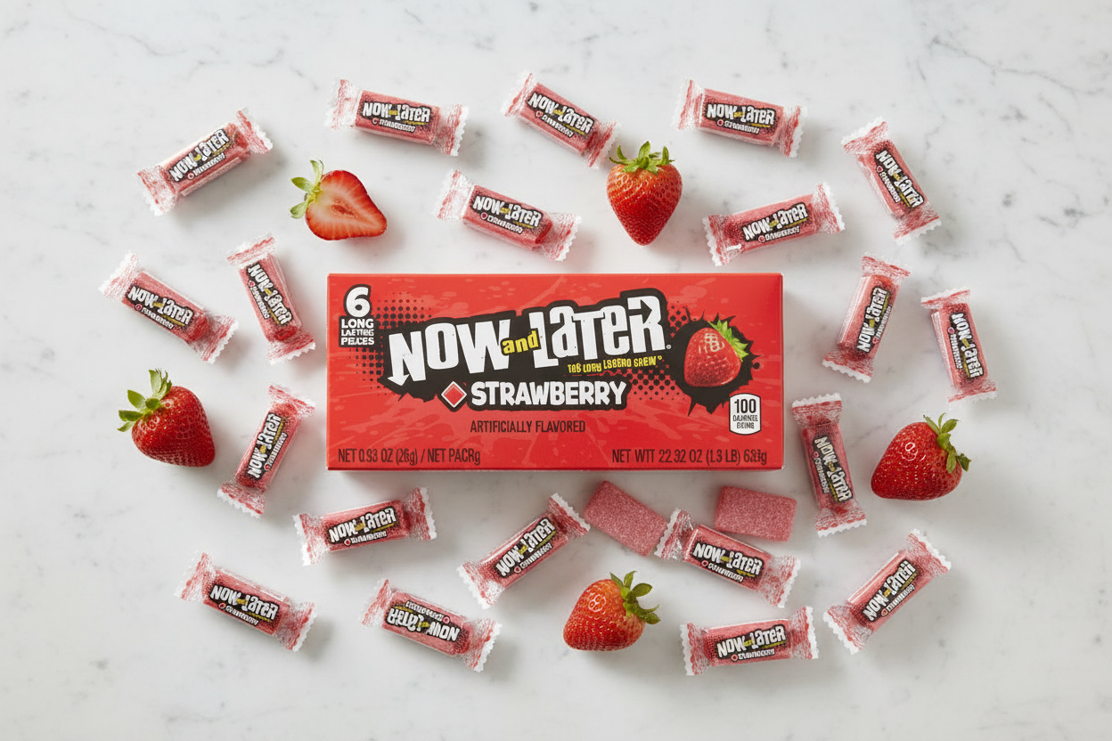 Now and Later Strawberry 24 pack marble flat lay with strawberries lifestyle